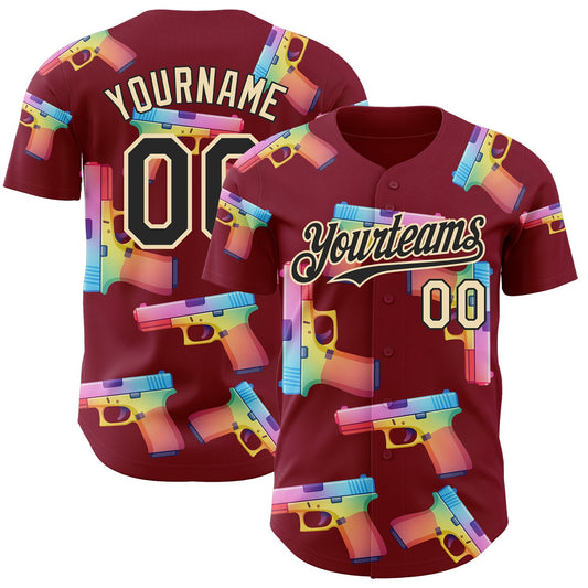 Custom Crimson Black-Cream Colorful Firepower 3D Pattern Design Authentic Baseball Jersey - Main View