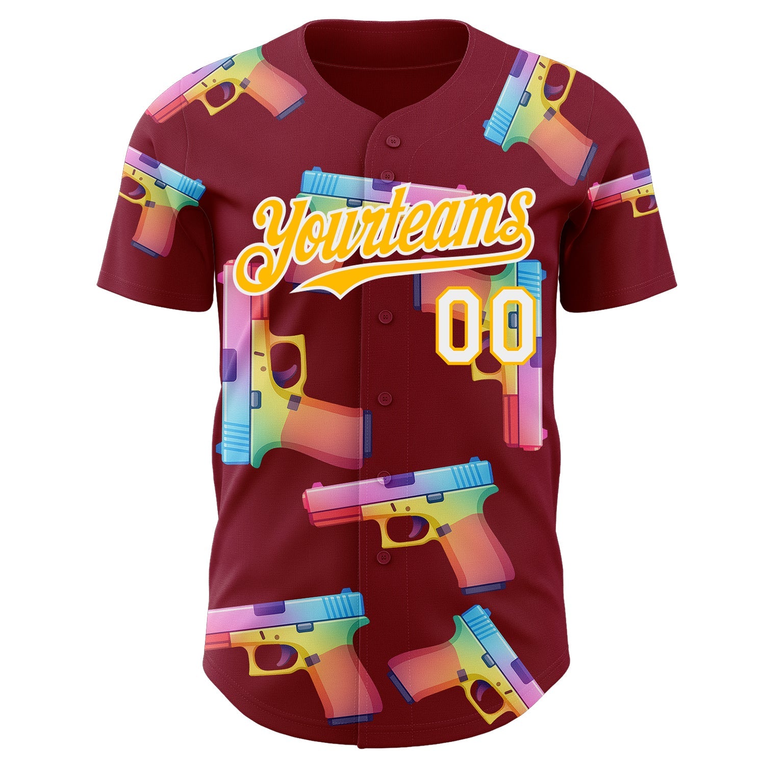 Custom Crimson Gold-White Colorful Firepower 3D Pattern Design Authentic Baseball Jersey view 2