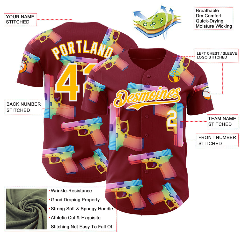 Custom Crimson Gold-White Colorful Firepower 3D Pattern Design Authentic Baseball Jersey view 3