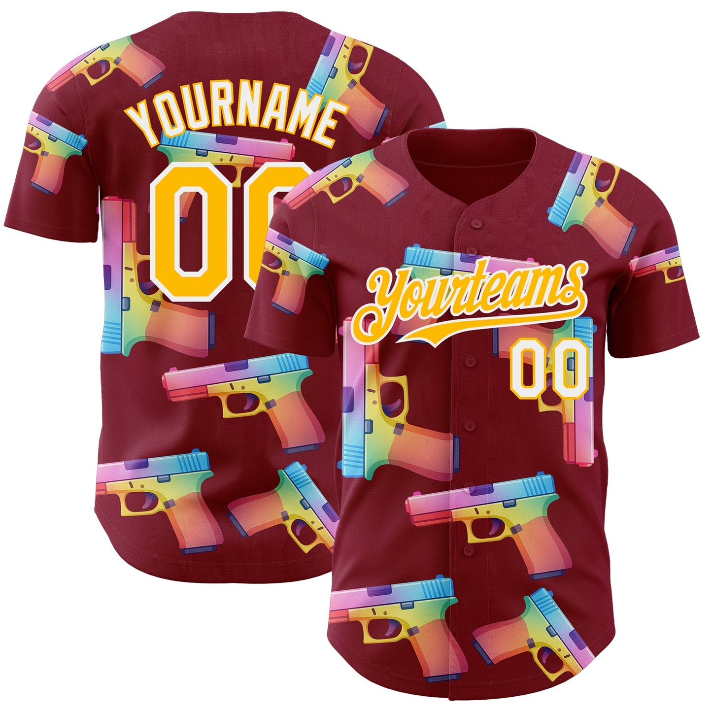 Custom Crimson Gold-White Colorful Firepower 3D Pattern Design Authentic Baseball Jersey - Main View