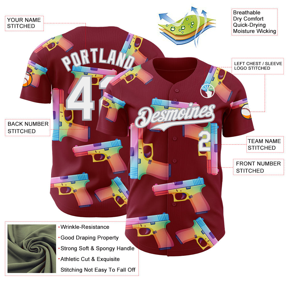Custom Crimson White-Gray Colorful Firepower 3D Pattern Design Authentic Baseball Jersey view 3