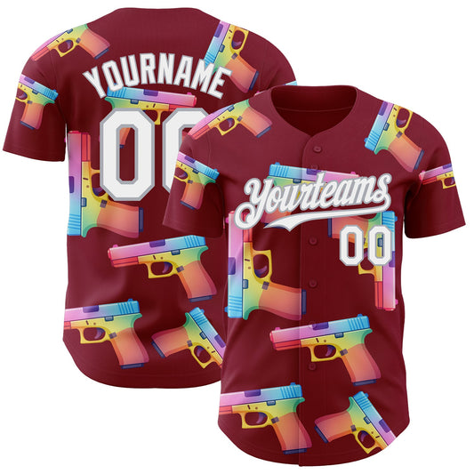 Custom Crimson White-Gray Colorful Firepower 3D Pattern Design Authentic Baseball Jersey - Main View