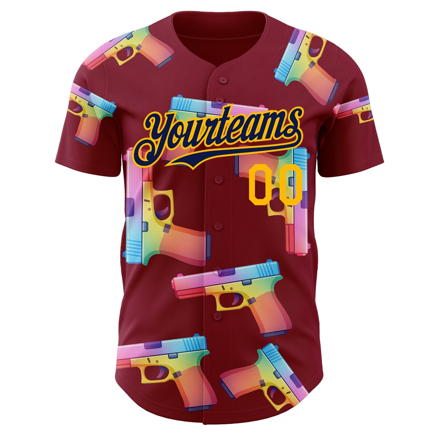 Custom Crimson Navy-Gold Colorful Firepower 3D Pattern Design Authentic Baseball Jersey view 2