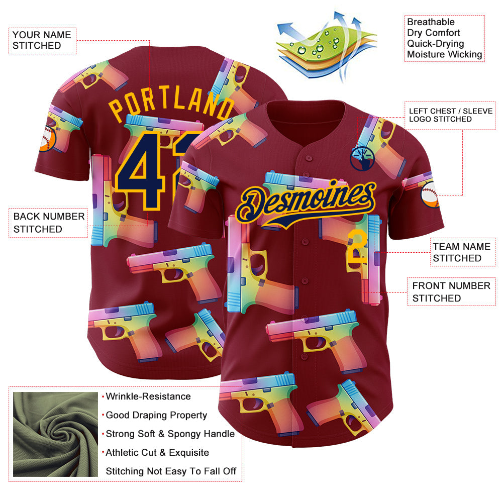 Custom Crimson Navy-Gold Colorful Firepower 3D Pattern Design Authentic Baseball Jersey view 3