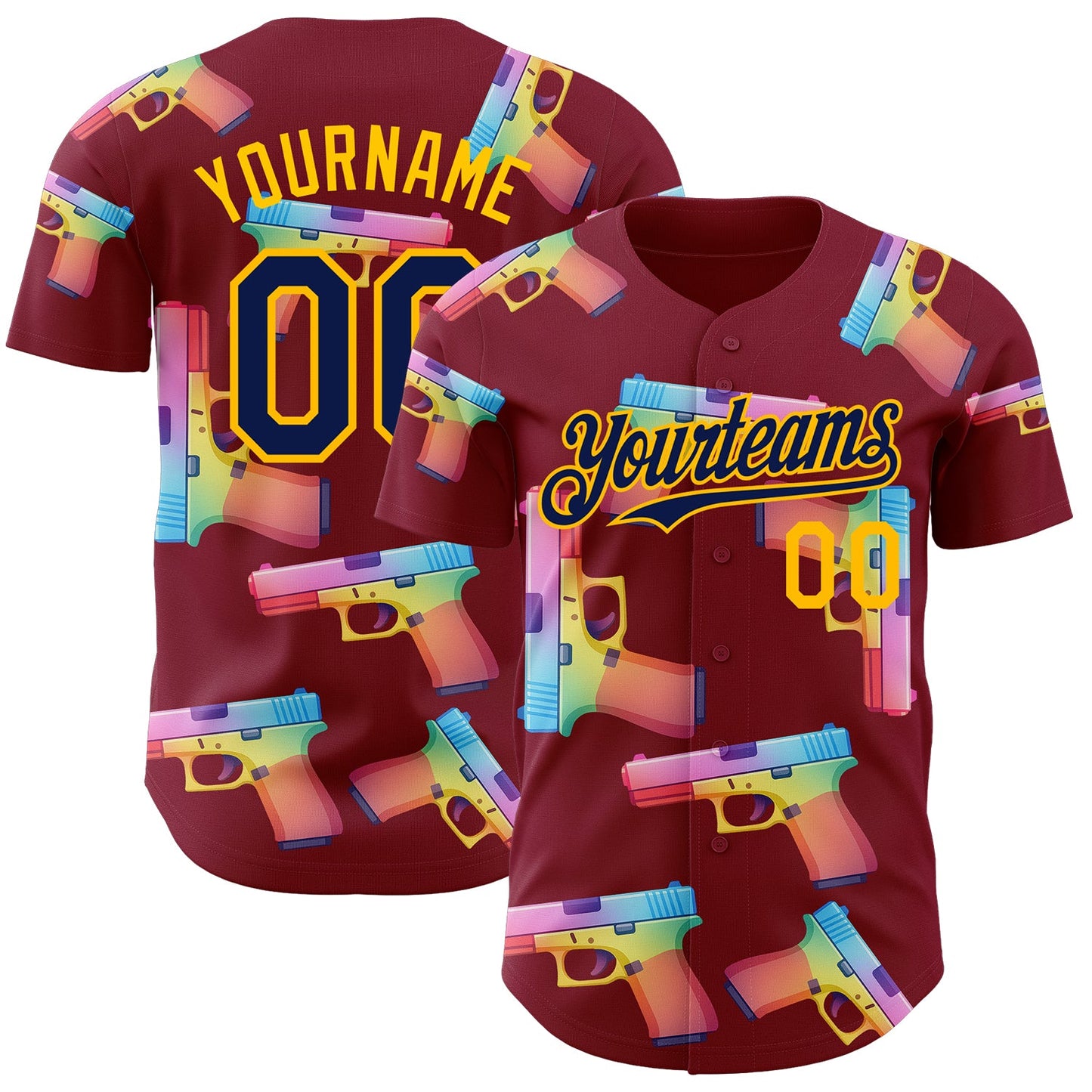 Custom Crimson Navy-Gold Colorful Firepower 3D Pattern Design Authentic Baseball Jersey - Main View
