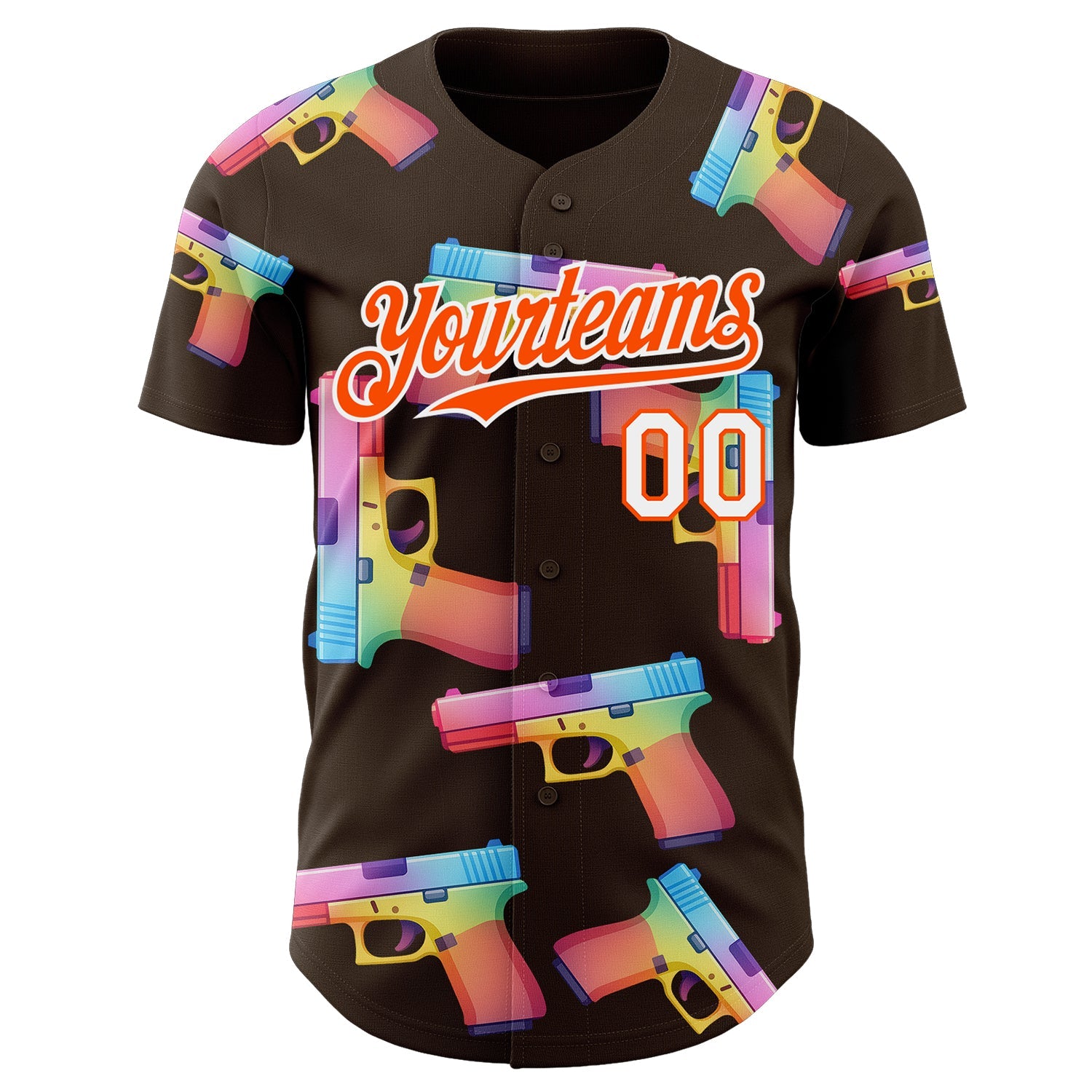 Custom Brown Orange-White Colorful Firepower 3D Pattern Design Authentic Baseball Jersey view 2