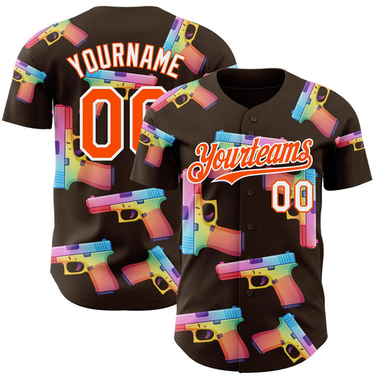 Custom Brown Orange-White Colorful Firepower 3D Pattern Design Authentic Baseball Jersey - Main View