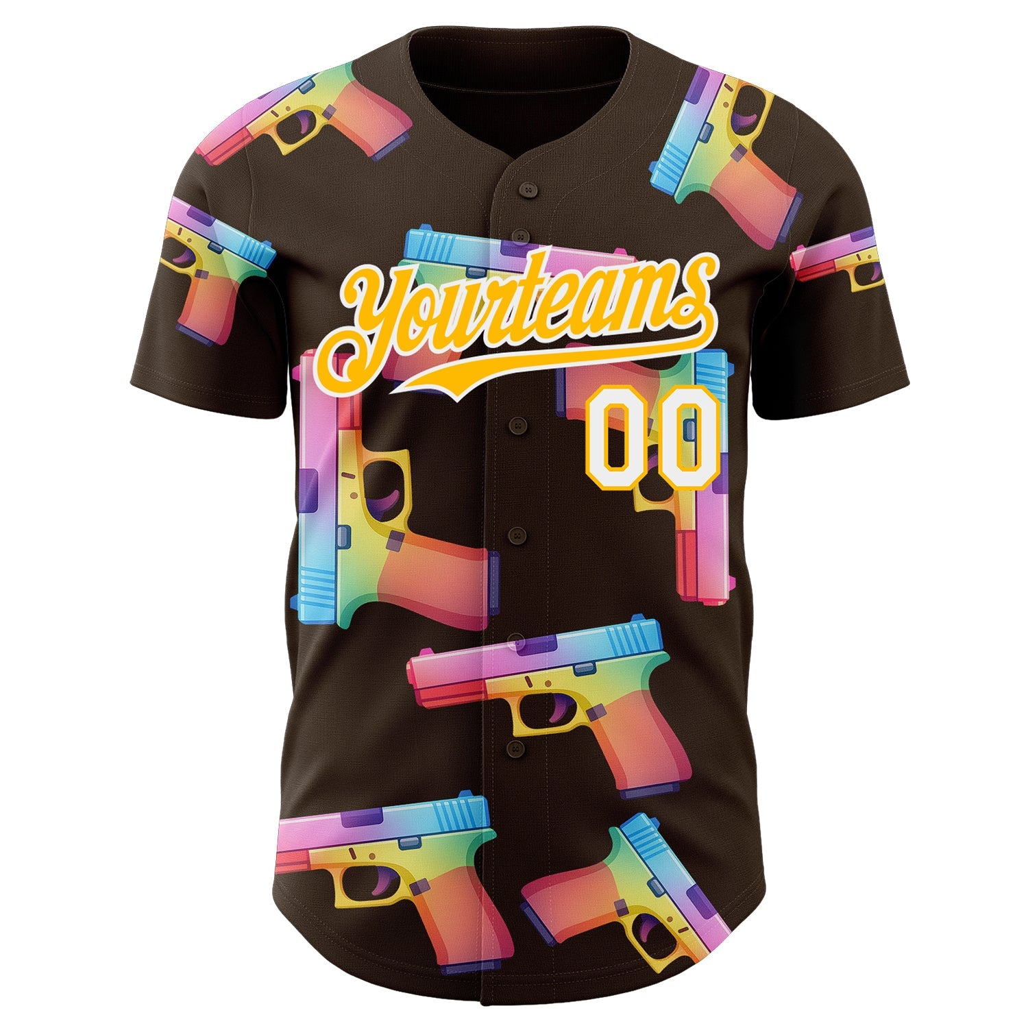 Custom Brown Gold-White Colorful Firepower 3D Pattern Design Authentic Baseball Jersey view 2