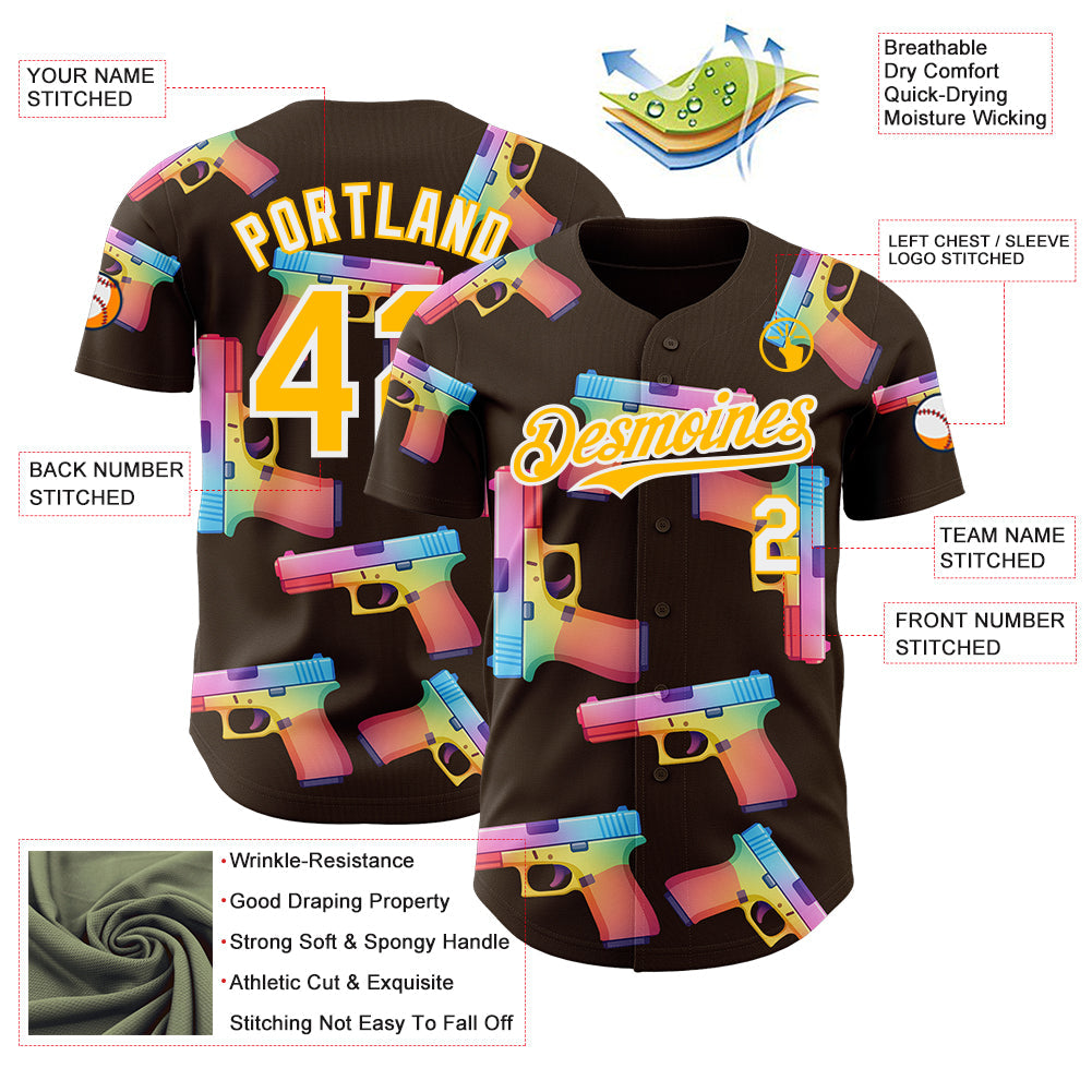 Custom Brown Gold-White Colorful Firepower 3D Pattern Design Authentic Baseball Jersey view 3