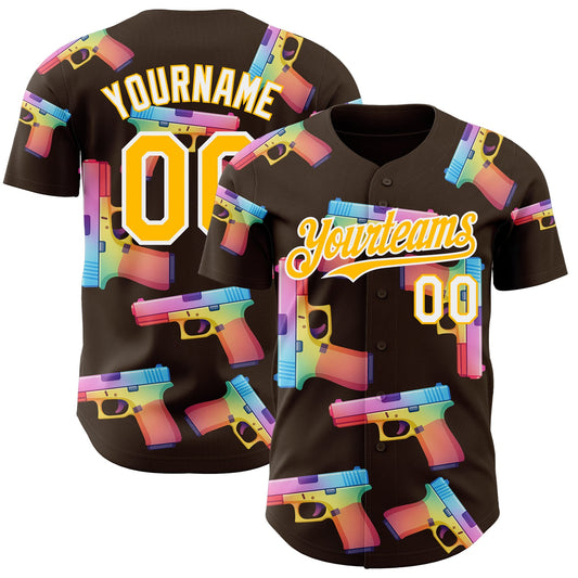 Custom Brown Gold-White Colorful Firepower 3D Pattern Design Authentic Baseball Jersey - Main View