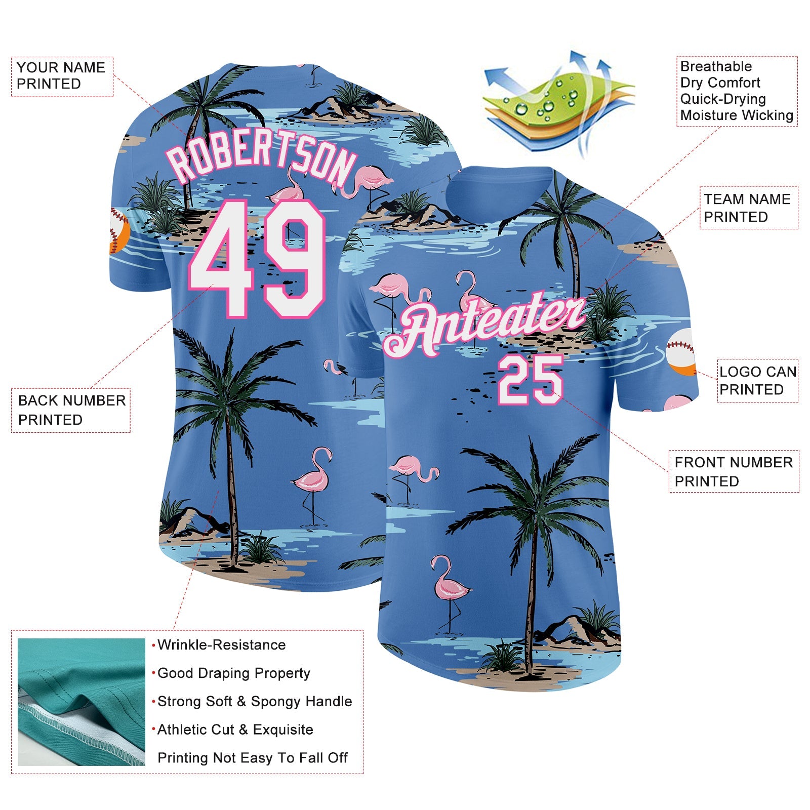 Custom Light Blue White-Pink Tropical Hawaii Palm Trees Summer Beach Flamingo Performance T-Shirt view 2