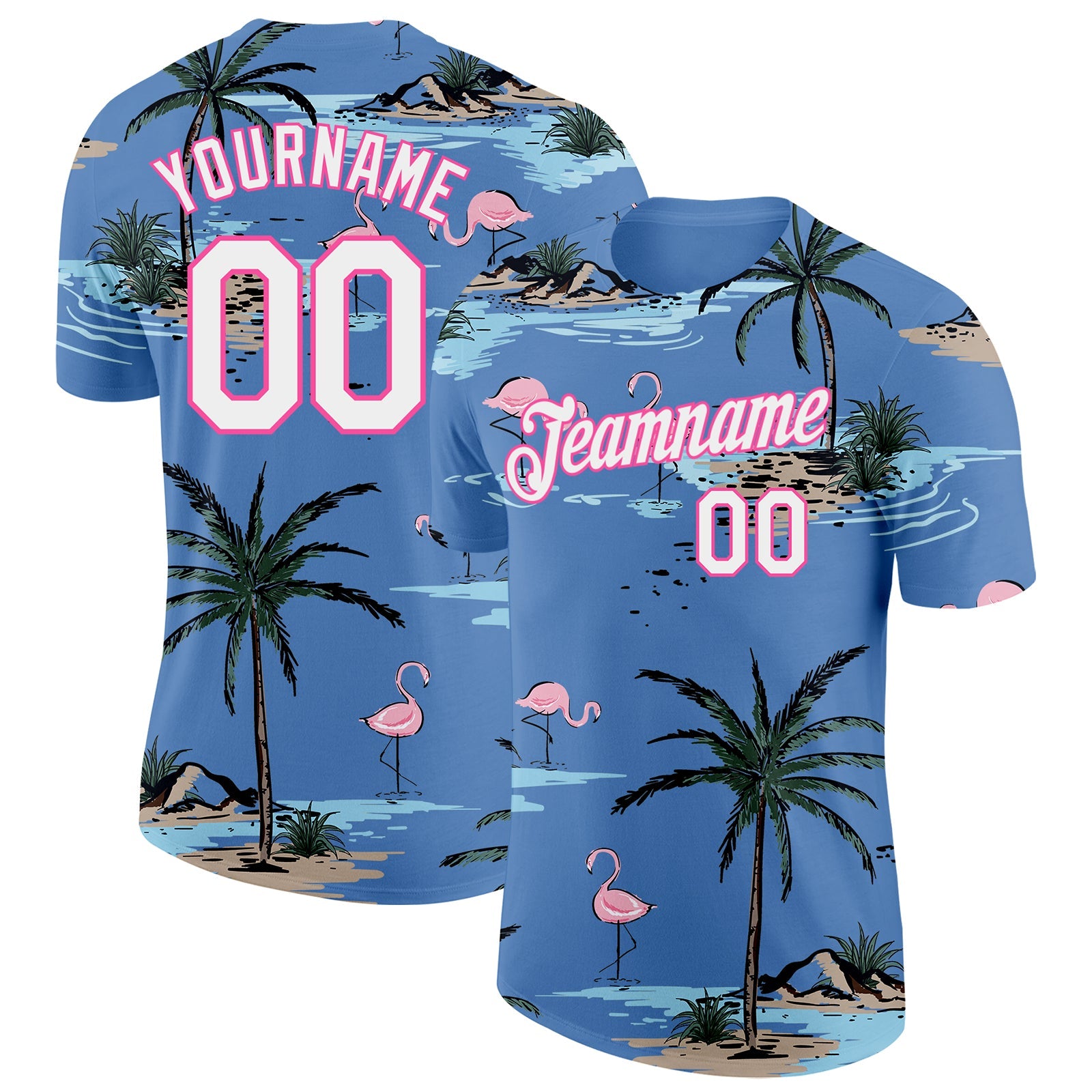 Custom Light Blue White-Pink Tropical Hawaii Palm Trees Summer Beach Flamingo Performance T-Shirt - Main View