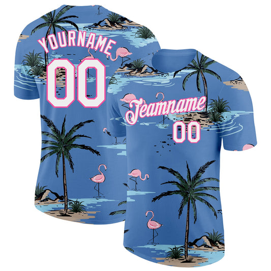 Custom Light Blue White-Pink Tropical Hawaii Palm Trees Summer Beach Flamingo Performance T-Shirt - Main View