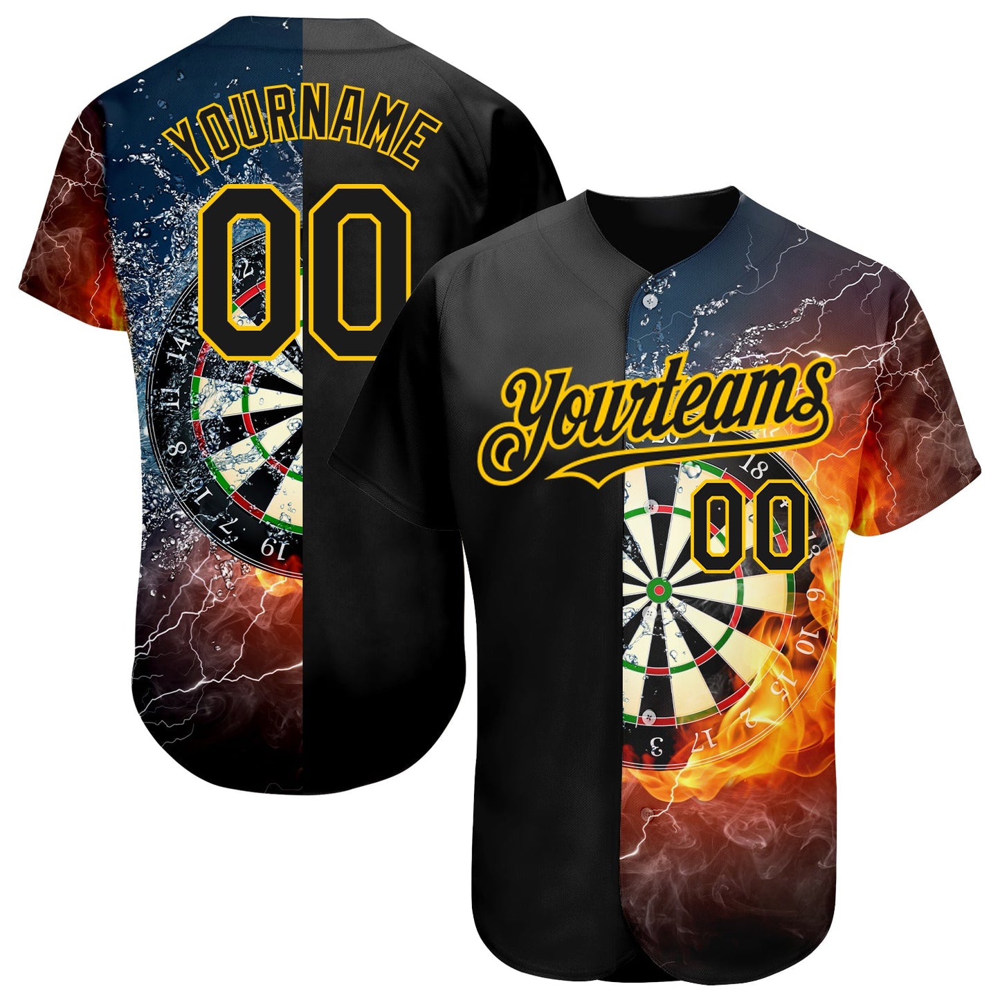 Custom Black Gold 3D Pattern Design Flame Dart Board Authentic Baseball Jersey - Main View