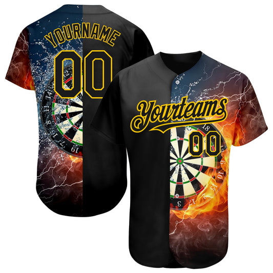 Custom Black Gold 3D Pattern Design Flame Dart Board Authentic Baseball Jersey - Main View