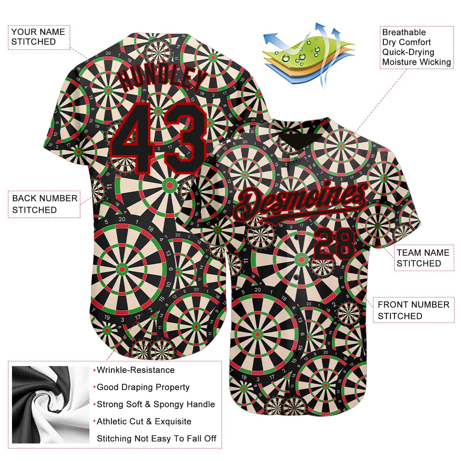 Custom Black Red 3D Pattern Design Dart Board Authentic Baseball Jersey view 3