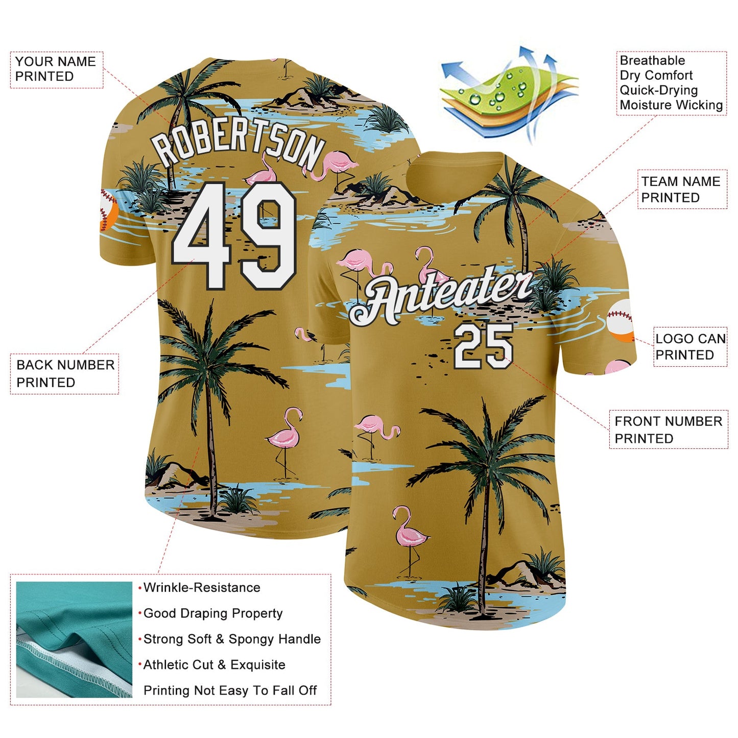 Custom Old Gold White-Black Tropical Hawaii Palm Trees Summer Beach Flamingo Performance T-Shirt view 2