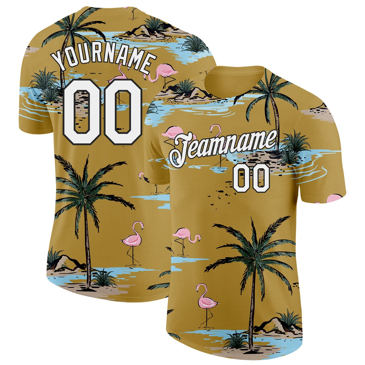 Custom Old Gold White-Black Tropical Hawaii Palm Trees Summer Beach Flamingo Performance T-Shirt - Main View