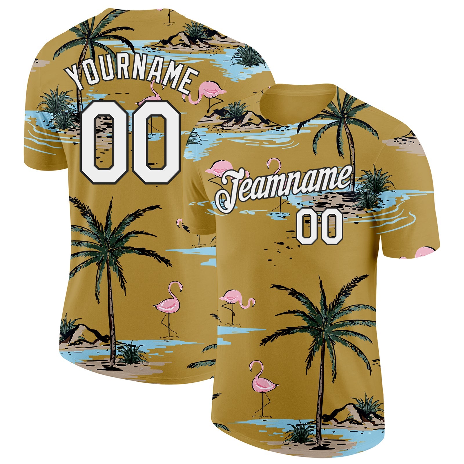 Custom Old Gold White-Black Tropical Hawaii Palm Trees Summer Beach Flamingo Performance T-Shirt - Main View