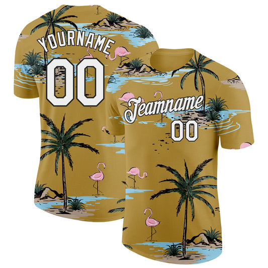 Custom Old Gold White-Black Tropical Hawaii Palm Trees Summer Beach Flamingo Performance T-Shirt - Main View