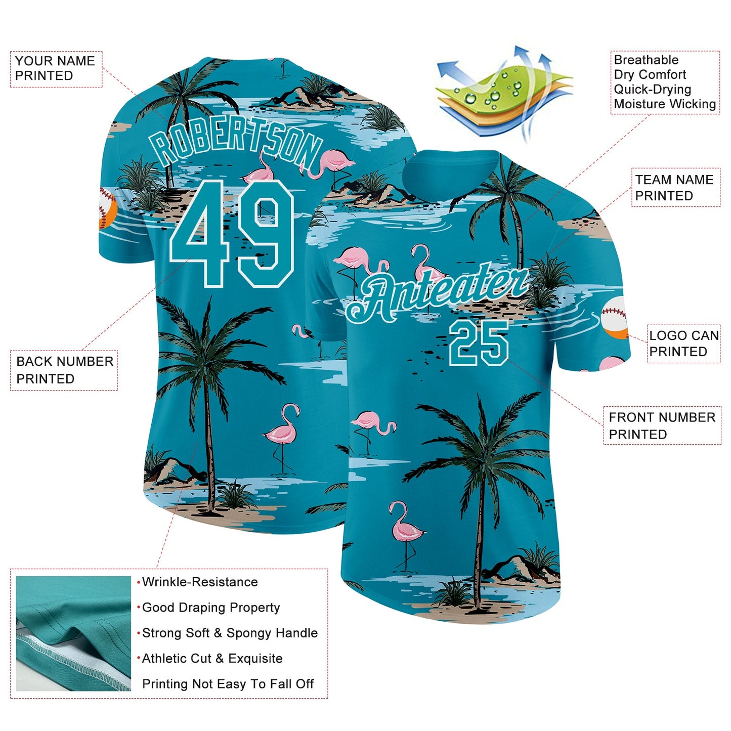 Custom Teal-White Tropical Hawaii Palm Trees Summer Beach Flamingo Performance T-Shirt view 2