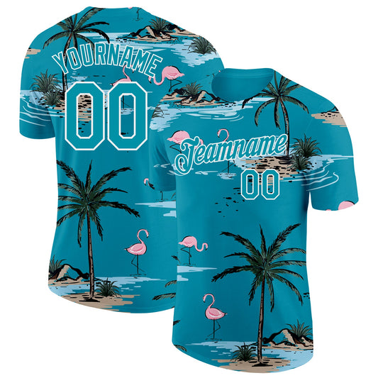 Custom Teal-White Tropical Hawaii Palm Trees Summer Beach Flamingo Performance T-Shirt - Main View