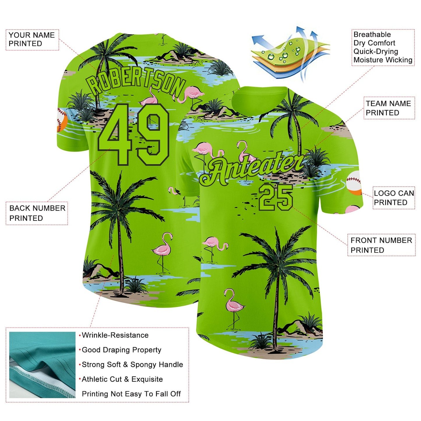 Custom Neon Green-Black Tropical Hawaii Palm Trees Summer Beach Flamingo Performance T-Shirt view 2