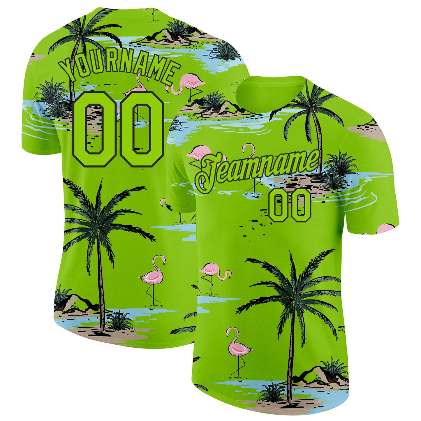 Custom Neon Green-Black Tropical Hawaii Palm Trees Summer Beach Flamingo Performance T-Shirt - Main View