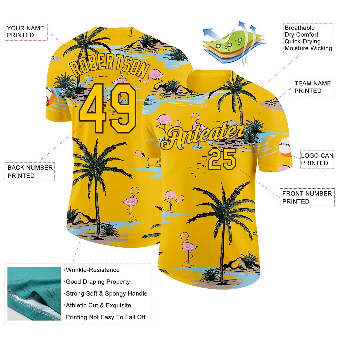 Custom Yellow-Black Tropical Hawaii Palm Trees Summer Beach Flamingo Performance T-Shirt view 2