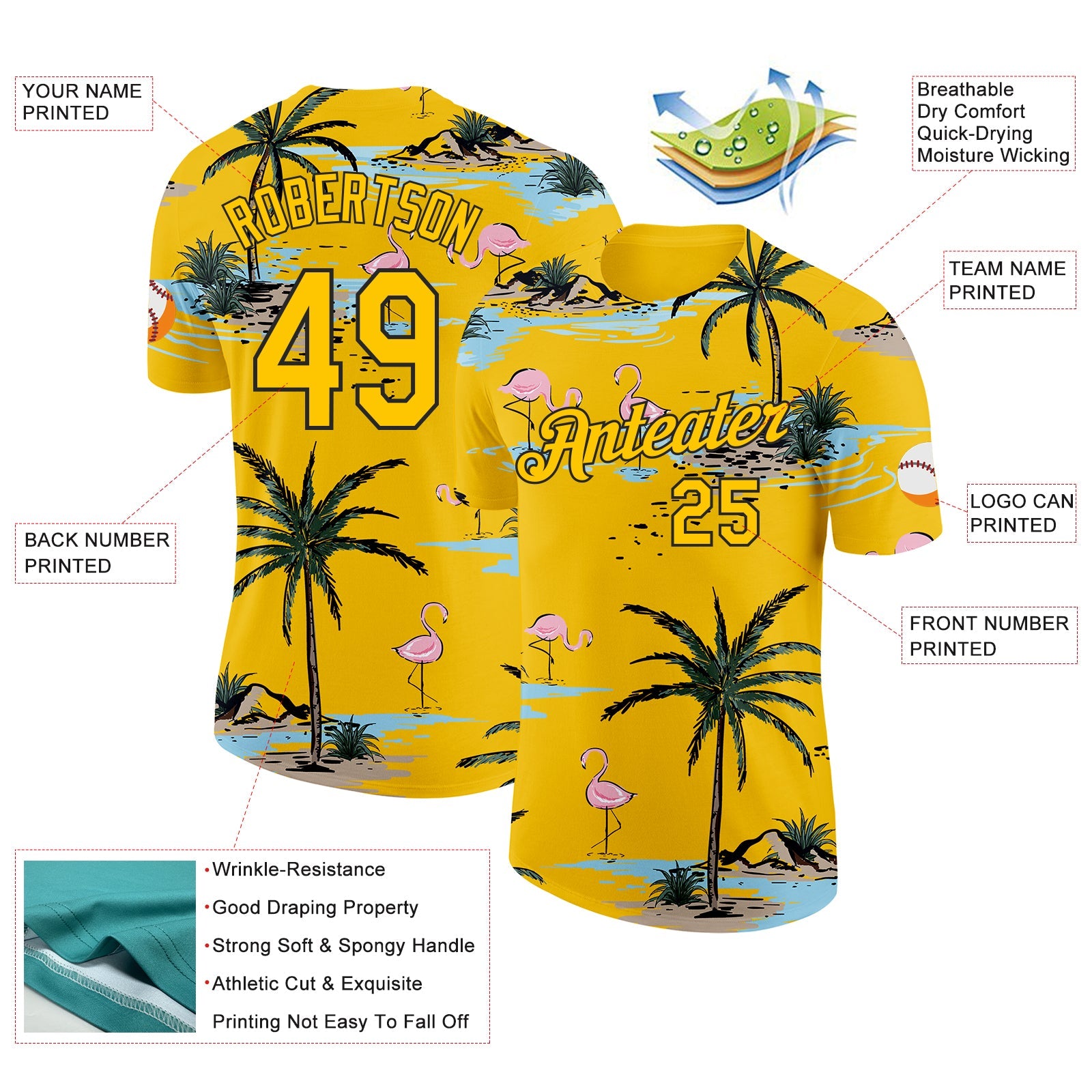 Custom Yellow-Black Tropical Hawaii Palm Trees Summer Beach Flamingo Performance T-Shirt view 2