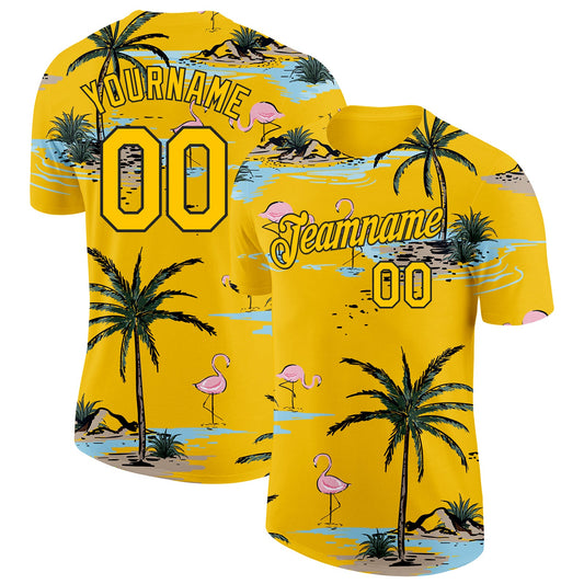Custom Yellow-Black Tropical Hawaii Palm Trees Summer Beach Flamingo Performance T-Shirt - Main View
