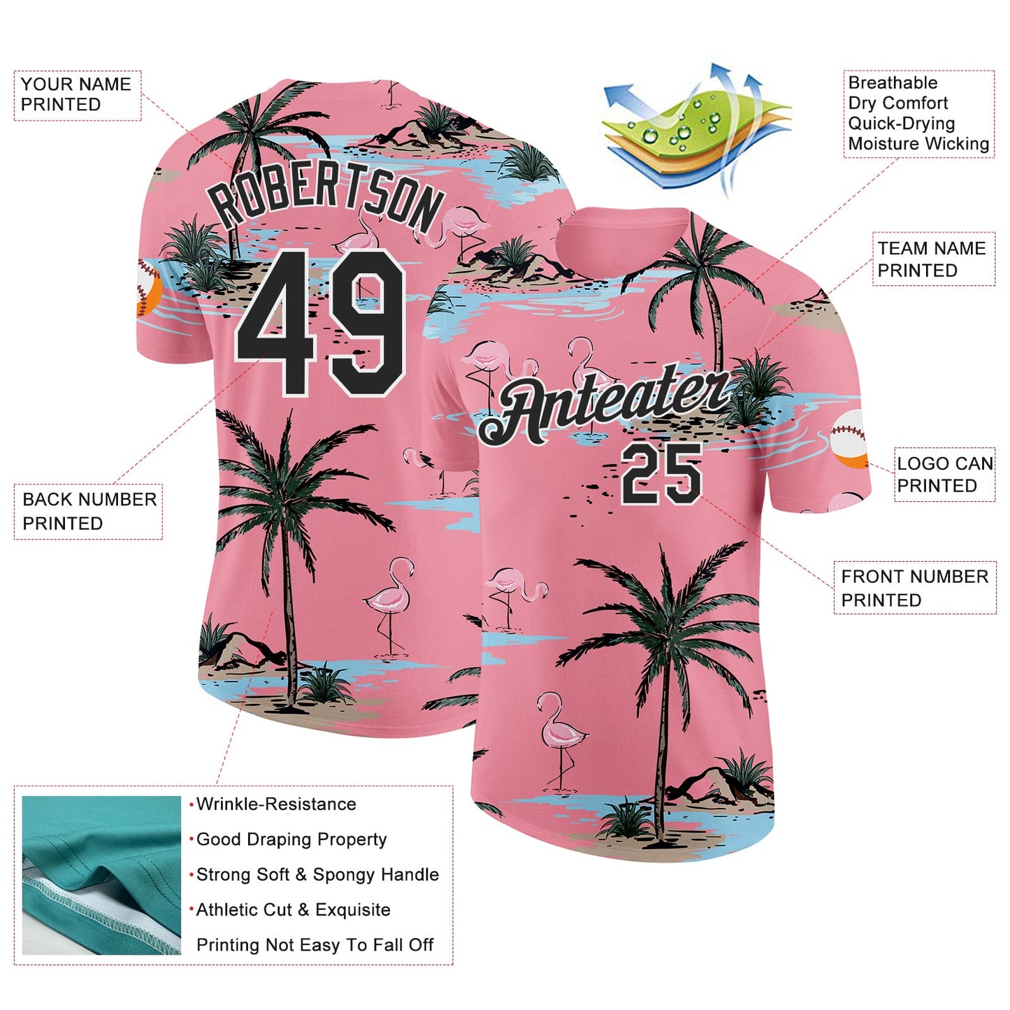 Custom Medium Pink Black-White Tropical Hawaii Palm Trees Summer Beach Flamingo Performance T-Shirt view 2