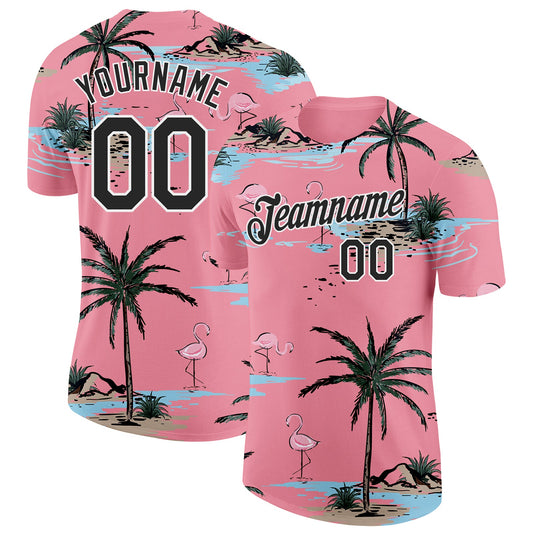 Custom Medium Pink Black-White Tropical Hawaii Palm Trees Summer Beach Flamingo Performance T-Shirt - Main View