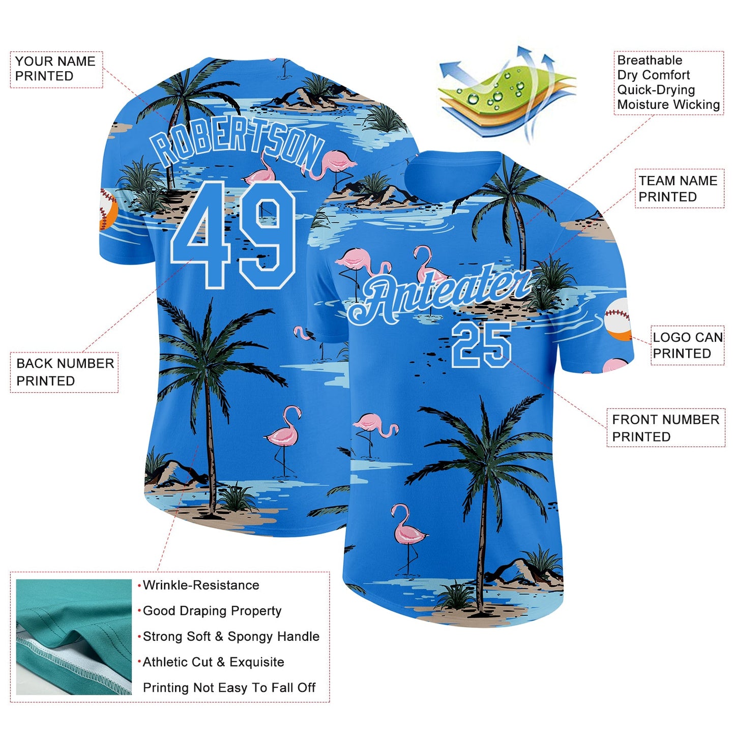 Custom Powder Blue-White Tropical Hawaii Palm Trees Summer Beach Flamingo Performance T-Shirt view 2