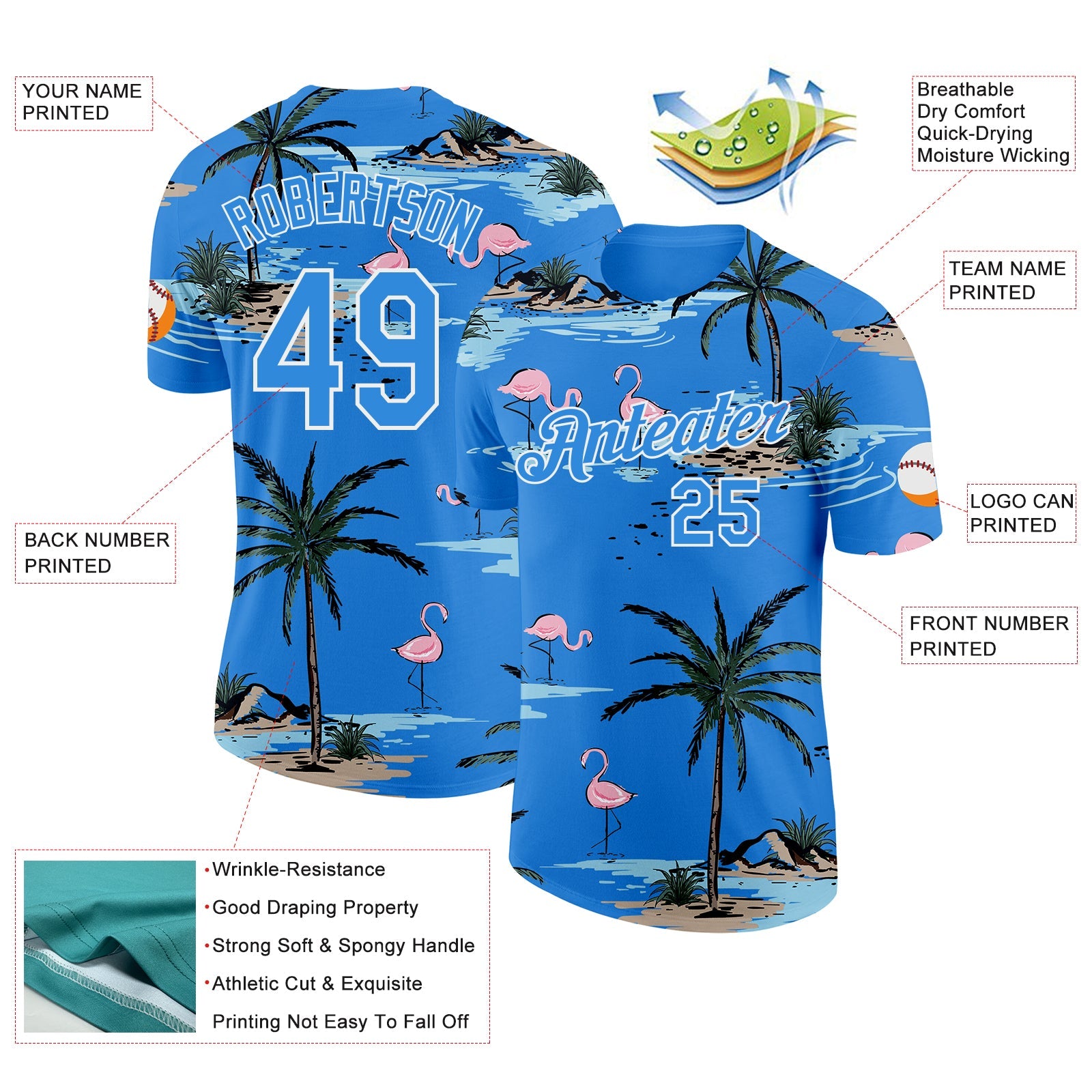 Custom Powder Blue-White Tropical Hawaii Palm Trees Summer Beach Flamingo Performance T-Shirt view 2