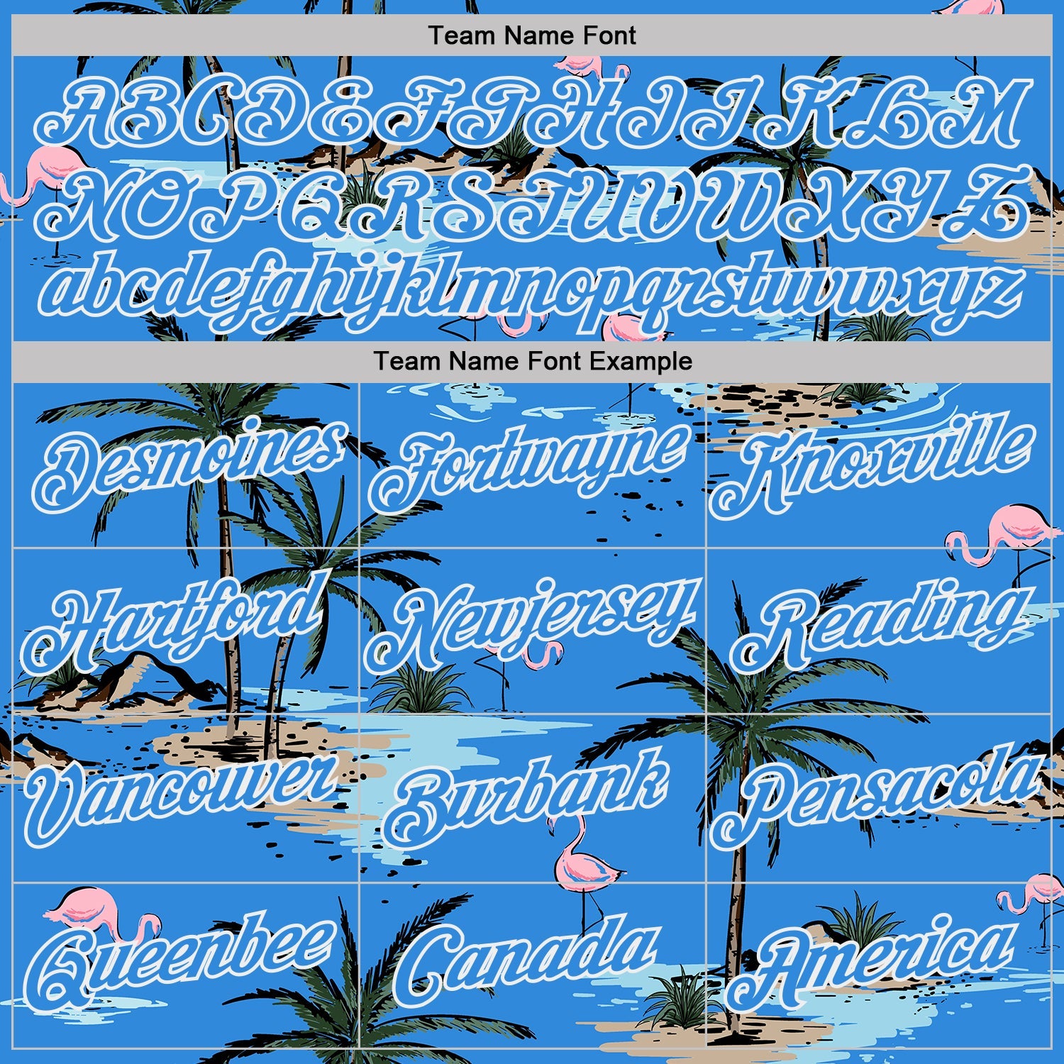 Custom Powder Blue-White Tropical Hawaii Palm Trees Summer Beach Flamingo Performance T-Shirt view 3