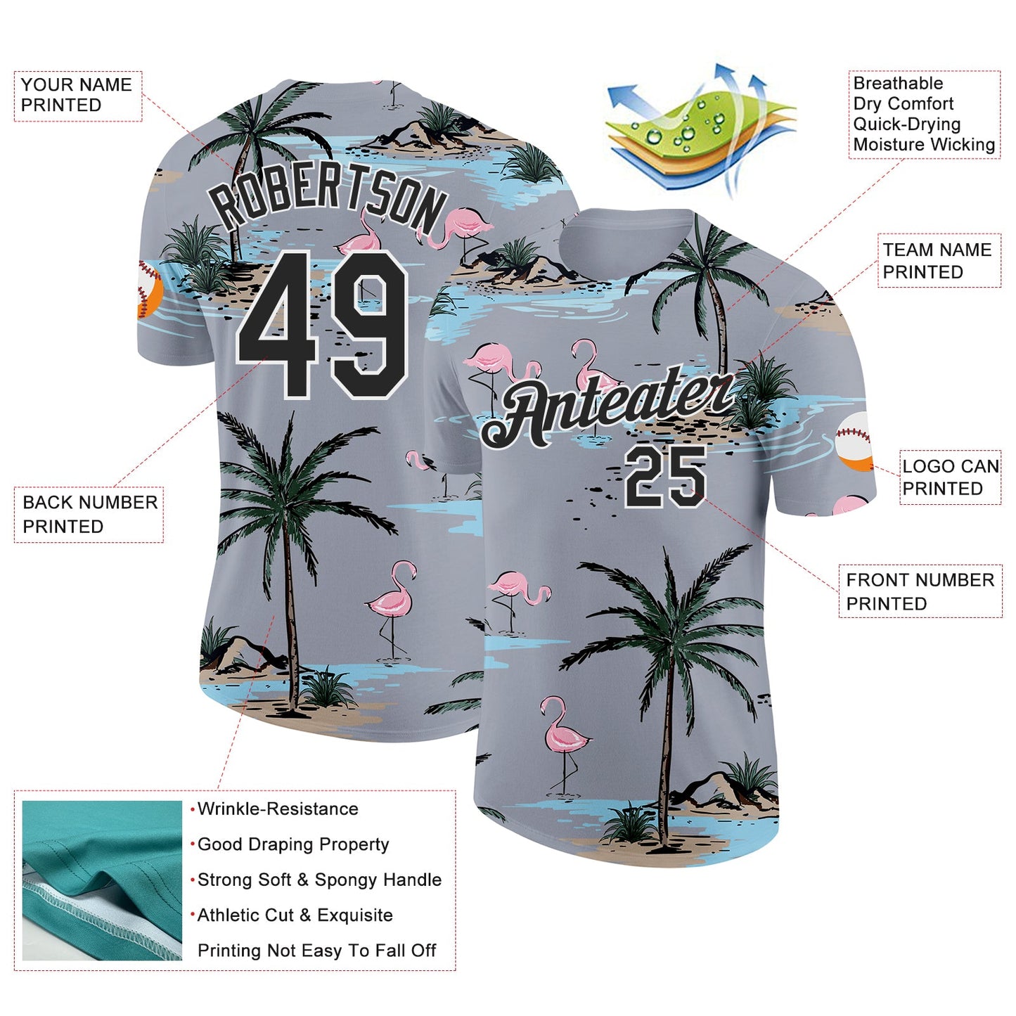 Custom Gray Black-White Tropical Hawaii Palm Trees Summer Beach Flamingo Performance T-Shirt view 2