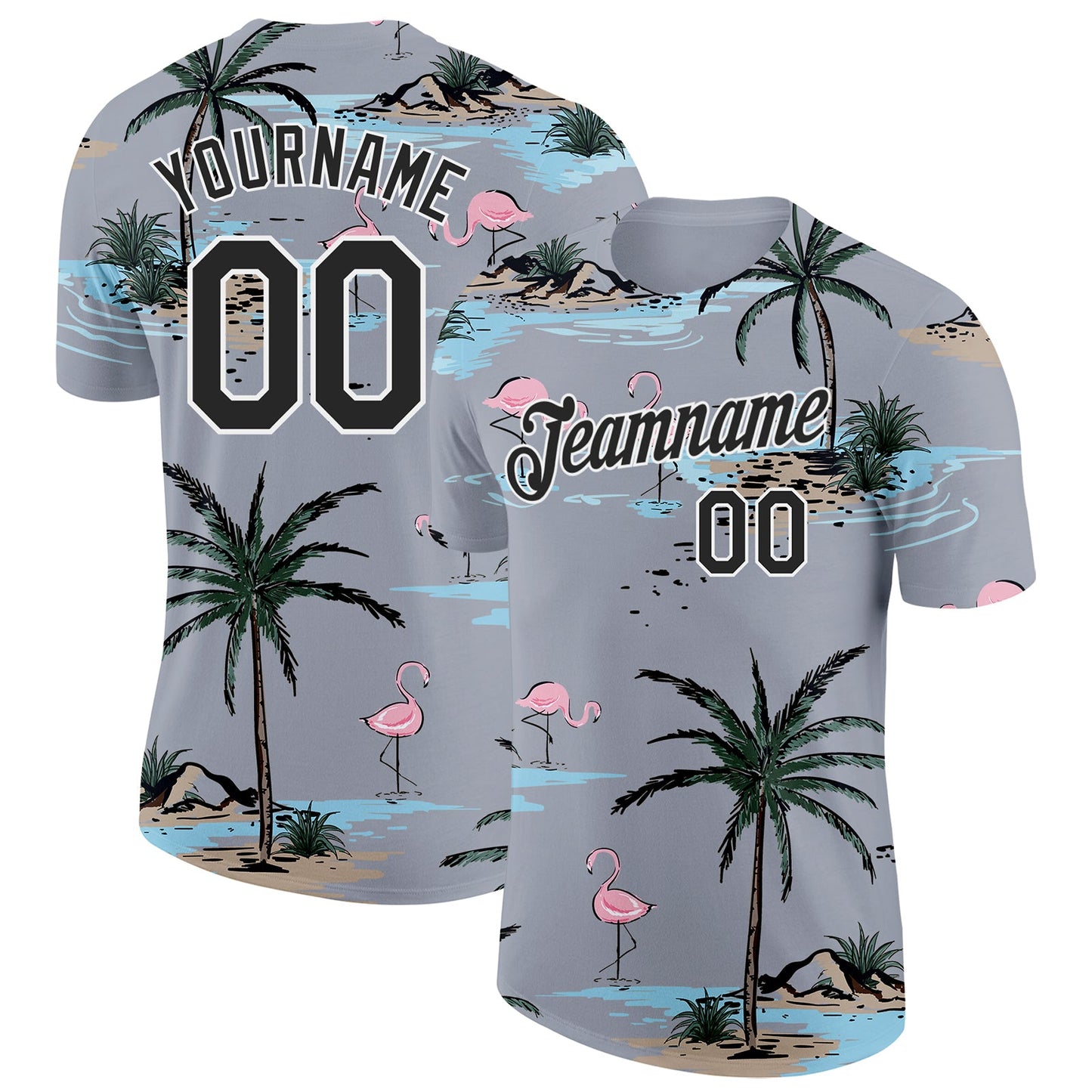 Custom Gray Black-White Tropical Hawaii Palm Trees Summer Beach Flamingo Performance T-Shirt - Main View