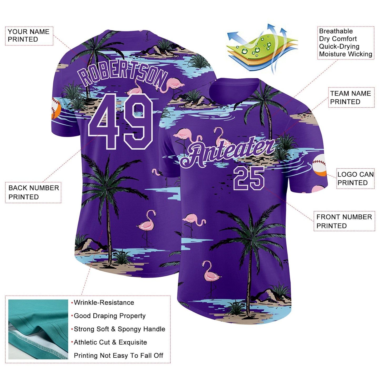 Custom Purple-White Tropical Hawaii Palm Trees Summer Beach Flamingo Performance T-Shirt view 2