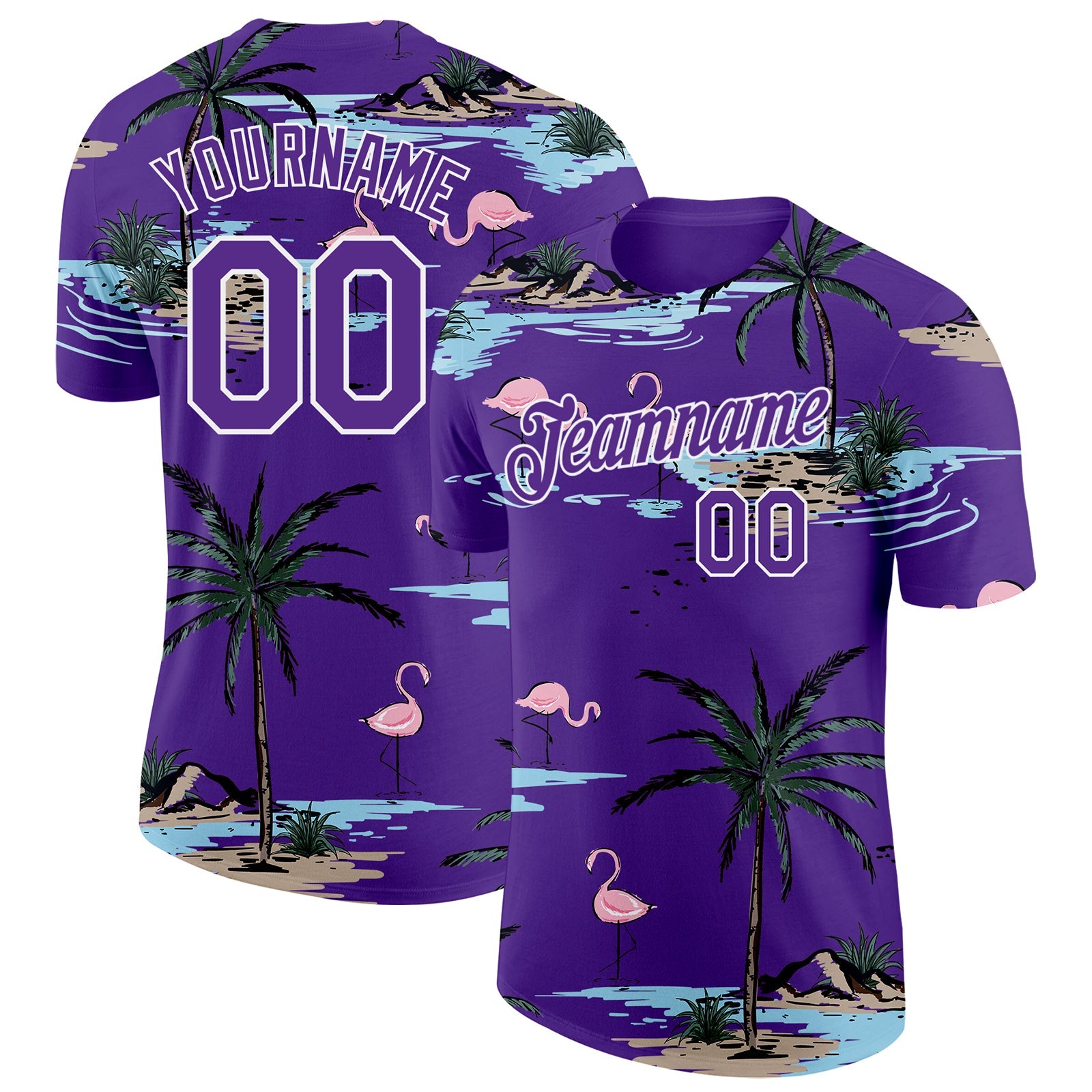 Custom Purple-White Tropical Hawaii Palm Trees Summer Beach Flamingo Performance T-Shirt - Main View