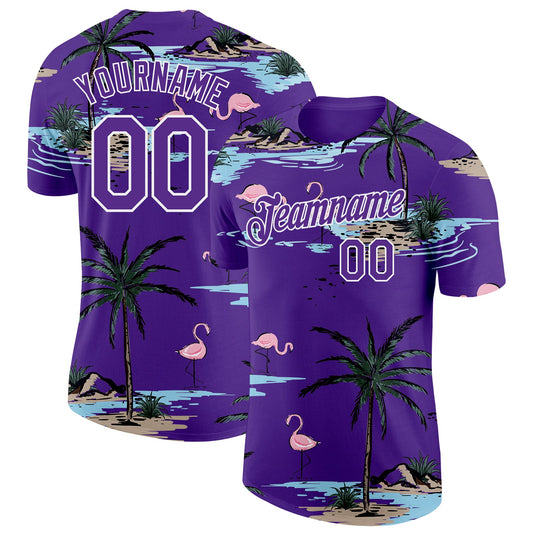 Custom Purple-White Tropical Hawaii Palm Trees Summer Beach Flamingo Performance T-Shirt - Main View
