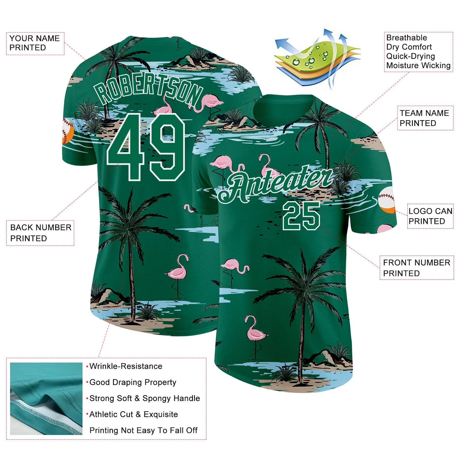 Custom Kelly Green-White Tropical Hawaii Palm Trees Summer Beach Flamingo Performance T-Shirt view 2