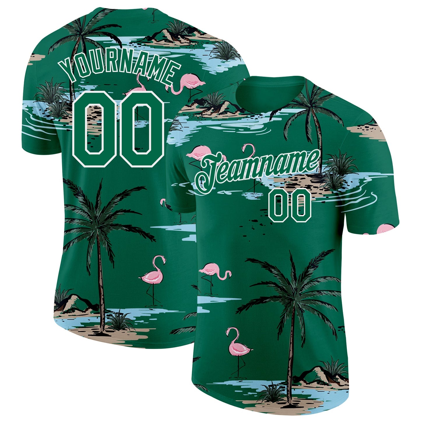 Custom Kelly Green-White Tropical Hawaii Palm Trees Summer Beach Flamingo Performance T-Shirt - Main View