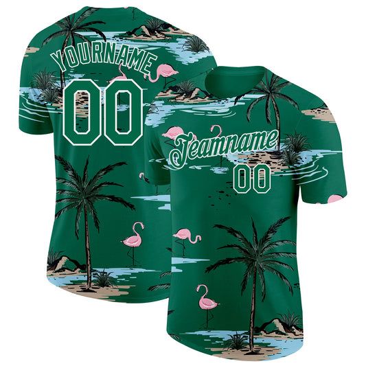 Custom Kelly Green-White Tropical Hawaii Palm Trees Summer Beach Flamingo Performance T-Shirt - Main View