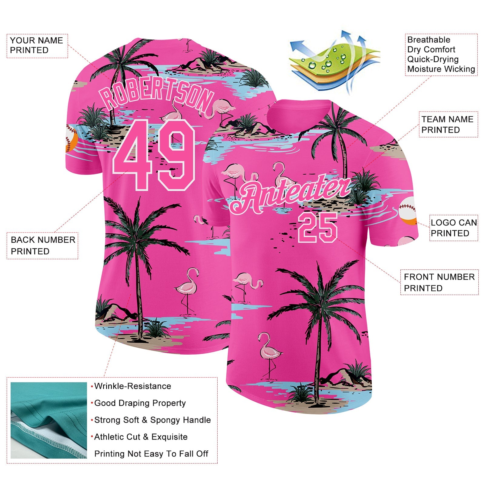 Custom Pink-Black Tropical Hawaii Palm Trees Summer Beach Flamingo Performance T-Shirt view 2