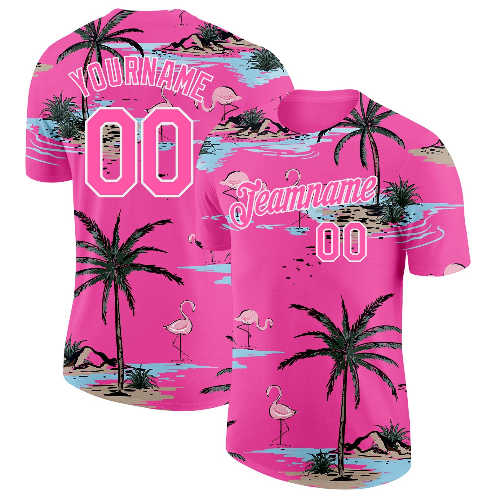 Custom Pink-Black Tropical Hawaii Palm Trees Summer Beach Flamingo Performance T-Shirt - Main View