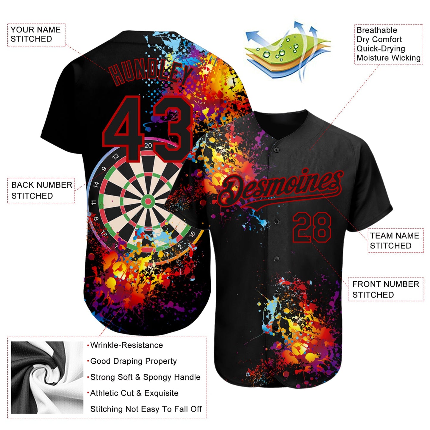 Custom Black Red 3D Pattern Design Dart Board Authentic Baseball Jersey view 3