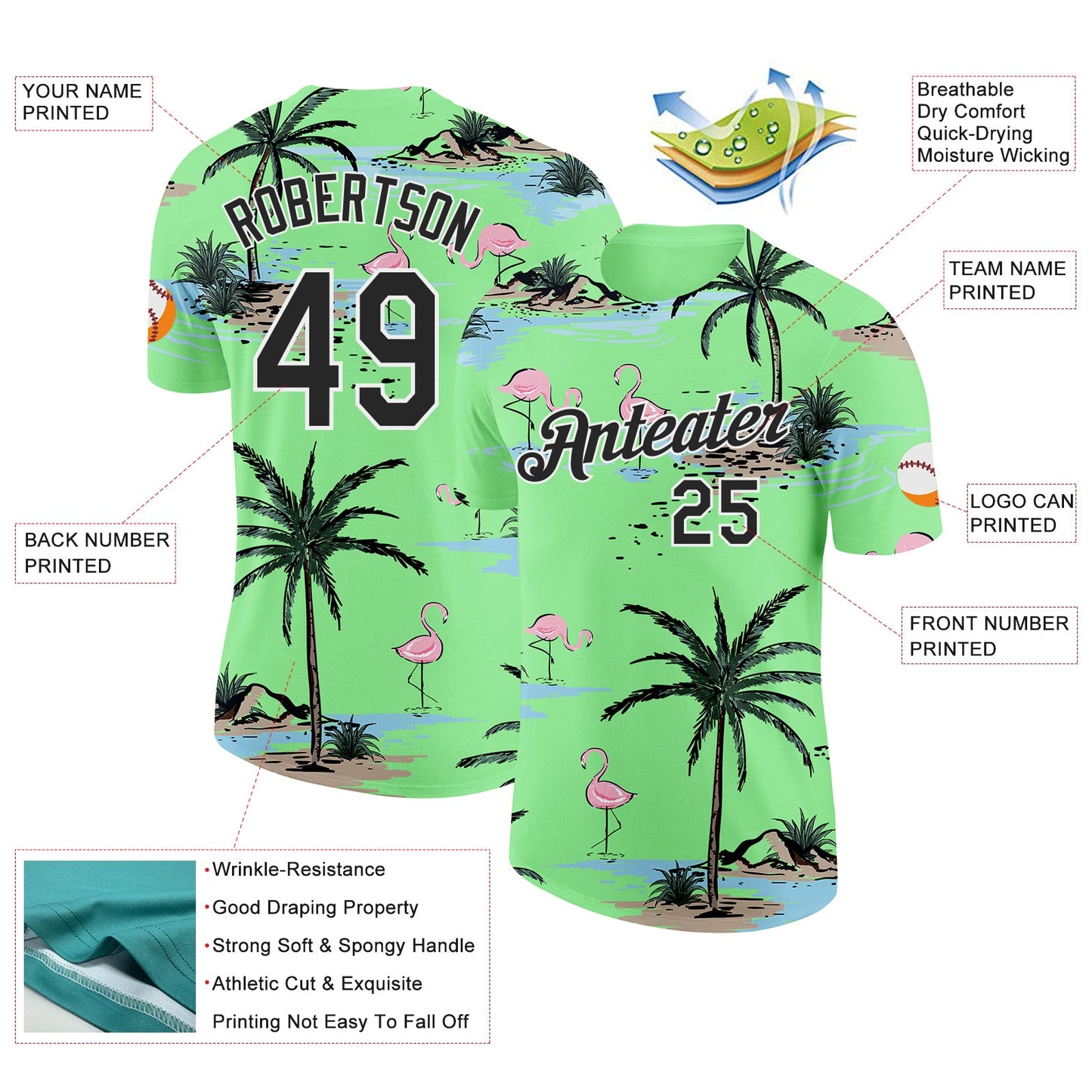 Custom Pea Green Black-White Tropical Hawaii Palm Trees Summer Beach Flamingo Performance T-Shirt view 2
