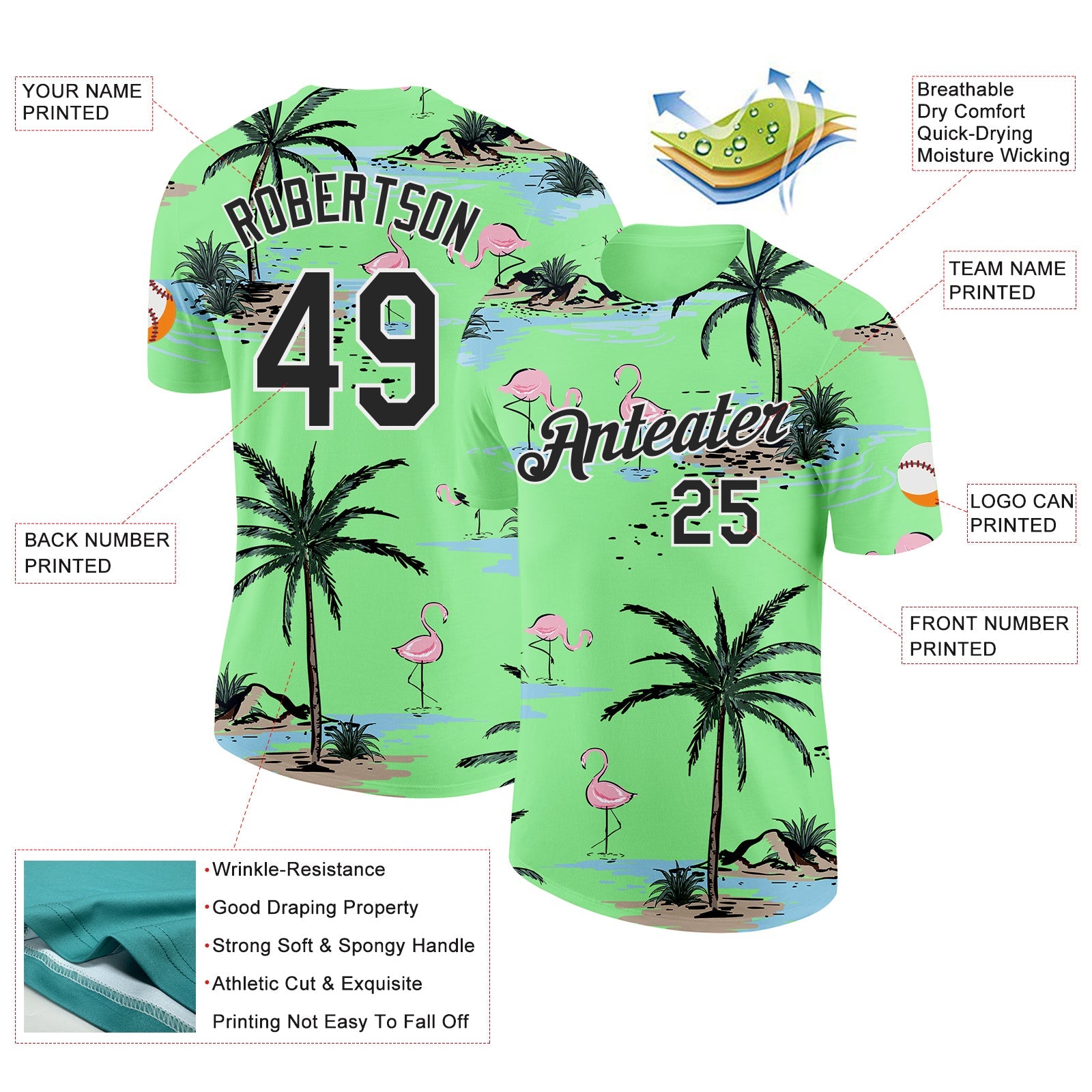 Custom Pea Green Black-White Tropical Hawaii Palm Trees Summer Beach Flamingo Performance T-Shirt view 2
