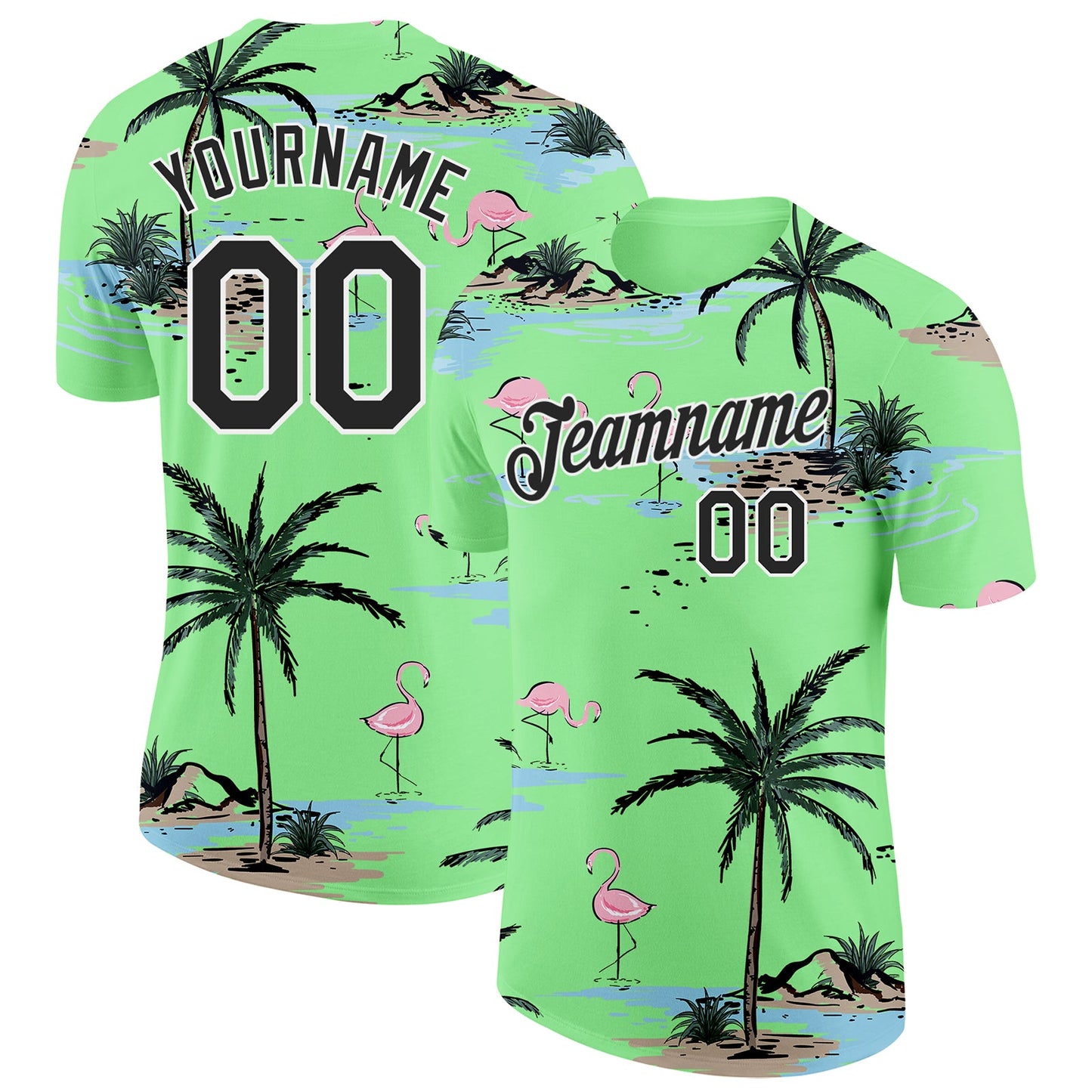 Custom Pea Green Black-White Tropical Hawaii Palm Trees Summer Beach Flamingo Performance T-Shirt - Main View
